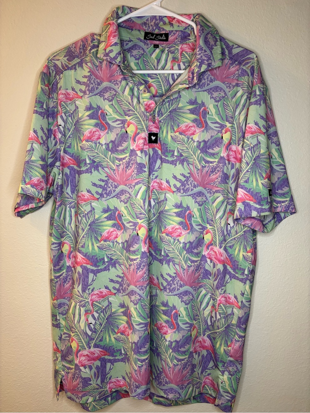 Bad Birdie Flamingo Golf Polo Shirt Men’s Large Tropical Performance Stretch